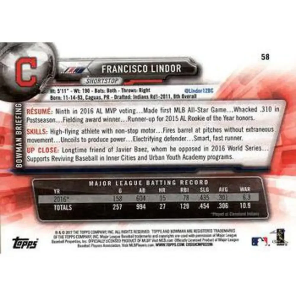 2017 Bowman Francisco Lindor # 58 Cleveland Indians